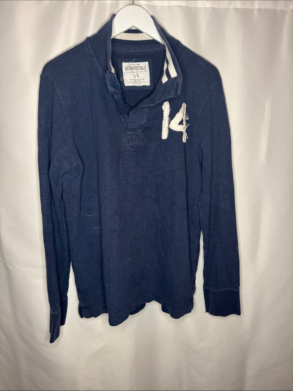 Aeropostale Men's Navy Long-Sleeve Rugby Shirt with White '14' Detail